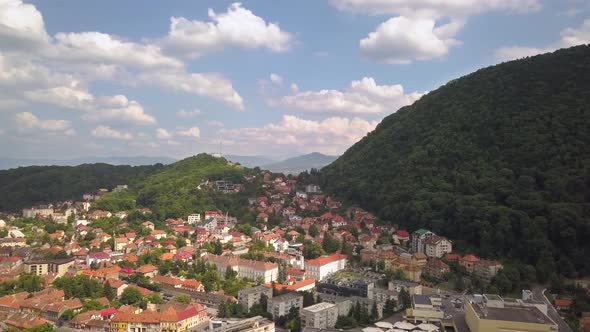 Aerial view of Brasov city, medieval town situated in Transylvania, Romania. Old architecture