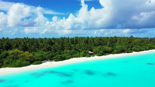 Wide angle aerial island view of a summer white paradise sand beach and blue sea background in color