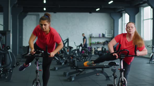 Athletic Women Group Riding on Spinning Stationary Bike Training Routine in Gym Weight Loss Indoors