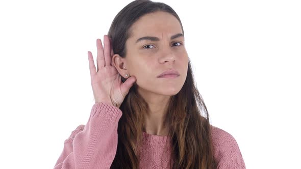 Young Beautiful Latin Woman Listening Secret White Background