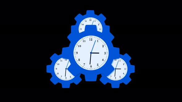 Blue Color Gear Icon Clock Isolated On Black Background