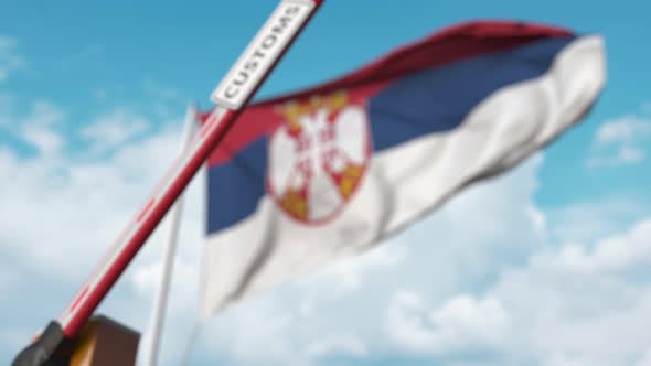 Closing Boom Barrier with CUSTOMS Sign the Flag of Serbia alt