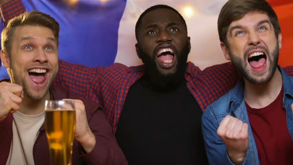 Sports Fans With French Flag Cheering for National Team, Watching Game in Pub