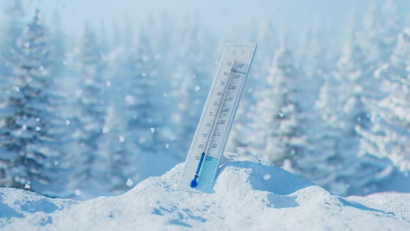 The thermometer at the snowdrift in the beautiful white snowy surrounding.Winter