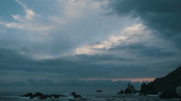 Picturesque Timelapse of Sun Setting Over Atlantic Ocean. Sunset with Stormy Clouds Over the Ocean