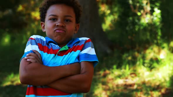 Portrait of a boy standing with arms crossed in the park