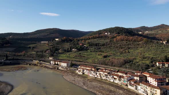 Aerial view of a small river near Sieci, Tuscany, Italy.