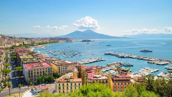 View of the Gulf of Naples from the Posillipo hill with Mount Vesuvius far in the background.