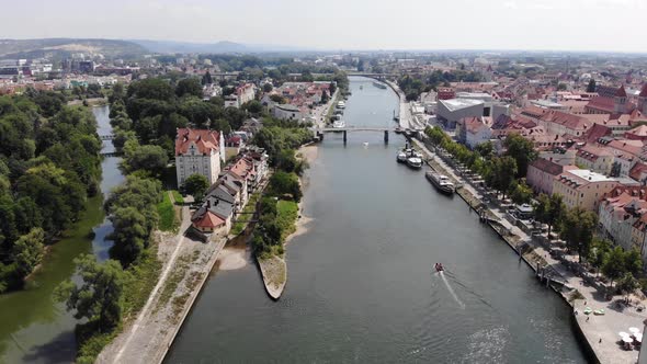 Aerial drone view of Regensburg city, Danube river and architecture of historical european city