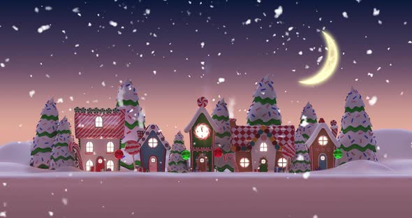 Animation of a snowy city during Christmas by night alt