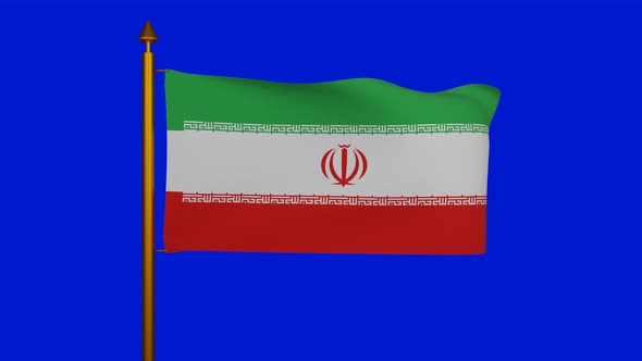 National flag of Iran waving with flagpole on chroma key, Islamic Republic of Iran flag textile