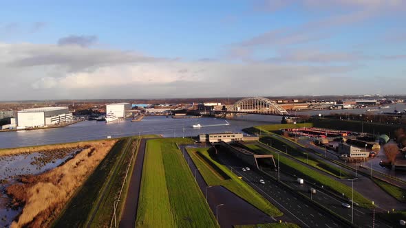 Aerial Over A15 Motorway Ridderkerk Beside Crezeepolder  And Brug over de Noord In Background
