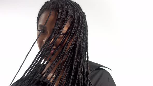 Mixed Race Woman with Hair Braids in Studio on White Closeup Portrait