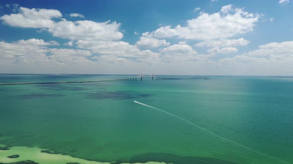 Seascape With Suspension Bridge In The Background, Sunshine Skyway Bridge, Tampa Bay, Florida, USA -