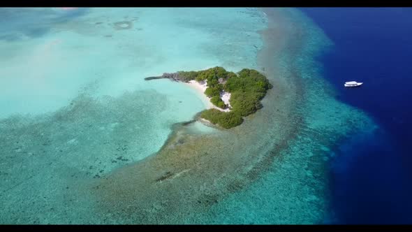 Aerial tourism of relaxing seashore beach adventure by shallow ocean and white sand background of a 