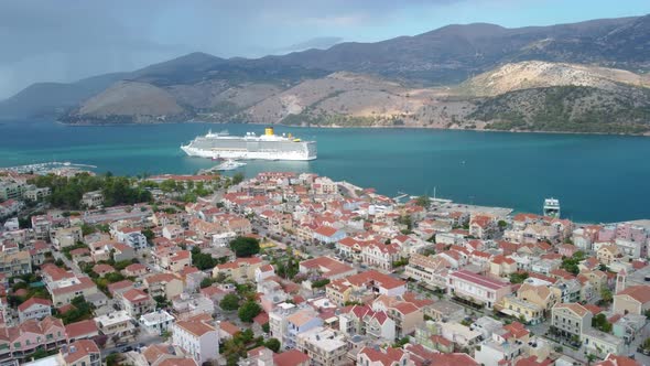 Large cruise ship in front of Argostoli city at Kefalonia island, Greece
