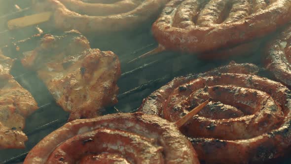 Ultra Close-up Barbecue (BBQ) Shot Showing Pork, Beef, Poultry and Chicken Meat