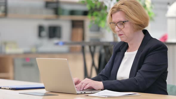 Focused Old Businesswoman Working on Laptop and Documents 