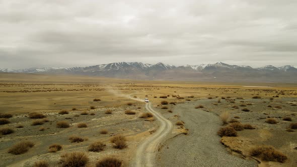 The Car Moves Through the Desert Steppe