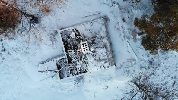 Collapsed house during winters with drone