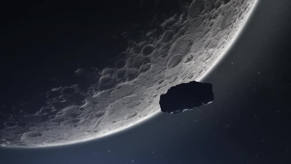 3D Asteroid or meteor floating in the space lunar orbit, cinematic moon scene.