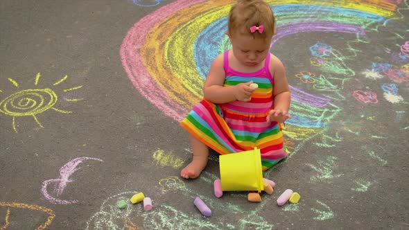 The Child Draws a Rainbow with Chalk