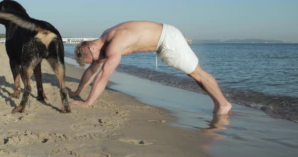 Playful dog interrupts his owner while he tries to exercise on the beach. Dog fail on a sunny day.