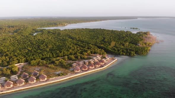 Aerial View Tropical Coastline Exotic Hotels and Palm Trees By Ocean Zanzibar