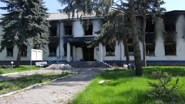 War in Ukraine  the Destroyed and Burned Building of the Police Station in Borodyanka Kyiv Region