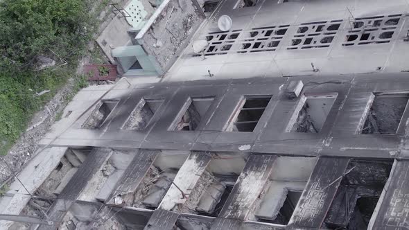 Vertical Video of the Consequences of the War in Ukraine  a Destroyed Building