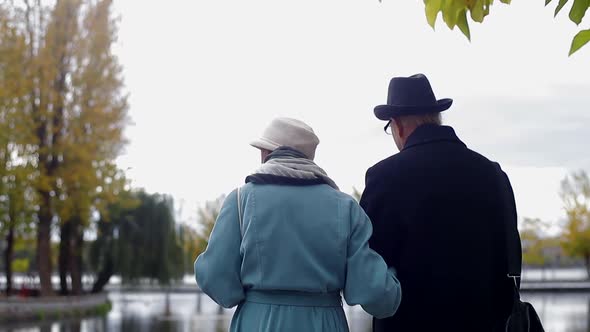 Concept of old age, retirement and people - happy senior couple walking in autumn city park