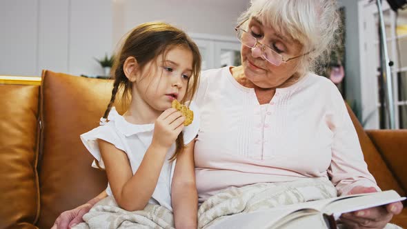Granny is Reading a Fairy Tale for Little Granddaughter Eating Cookie Hugging Her While Sitting on