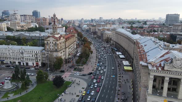 Aerial Shot Of Kyiv. Car Traffic On City Streets