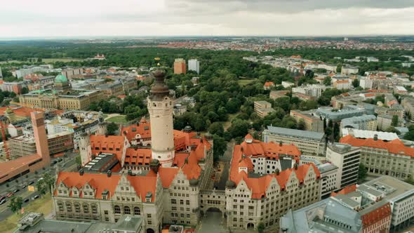 Aerial Panorama of Leipzig's Old Town Skyline, Germany, Europe. New Town Hall