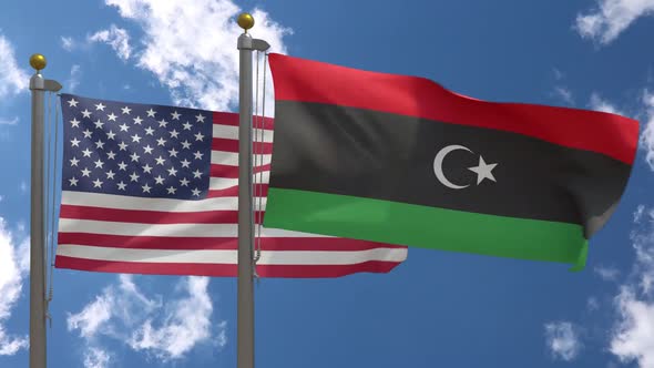 Usa Flag Vs Libya Flag On Flagpole