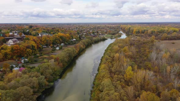 Aerial View of the Seym River at Baturin in Chernihiv Oblast of Ukraine.