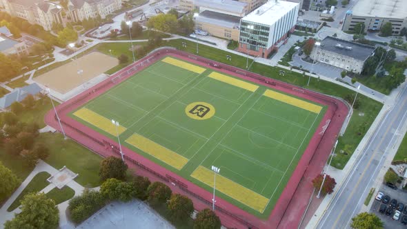 Soccer Fields on Mizzou Campus on Sunset - Aerial Drone Orbiting Shot