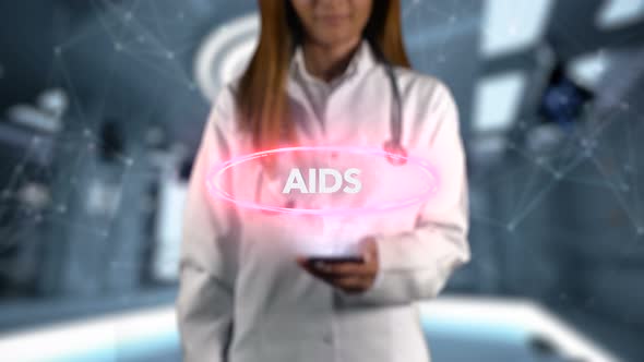 Female Doctor Hologram Word Illness Aids
