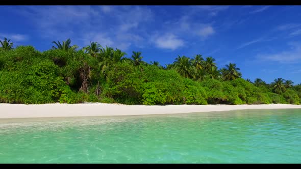 Aerial top view abstract of idyllic shore beach voyage by blue lagoon and white sand background of a