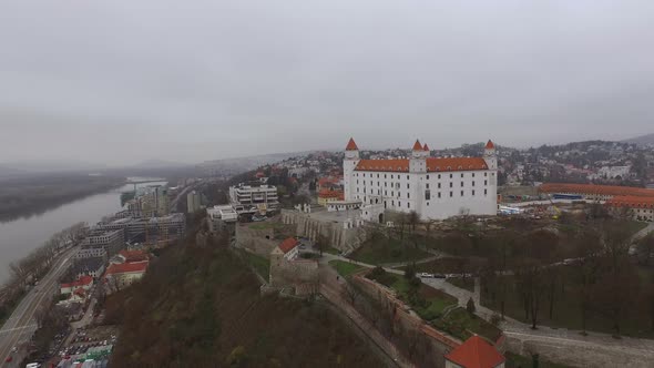 Castle and river in Bratislava, aerial view