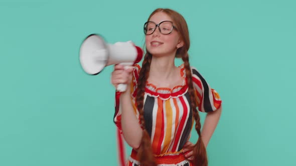 Smiling Ginger Girl Talking with Megaphone Proclaiming News Loudly Announcing Sale Advertisement