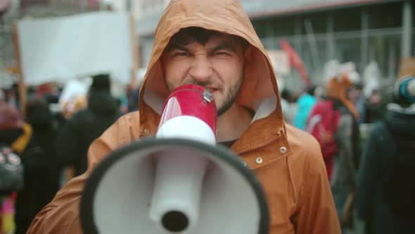 Angry Rebel Yell in Megaphone. Activist Political Strike. Demonstration Event.