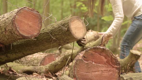 Woman moving logs in forest