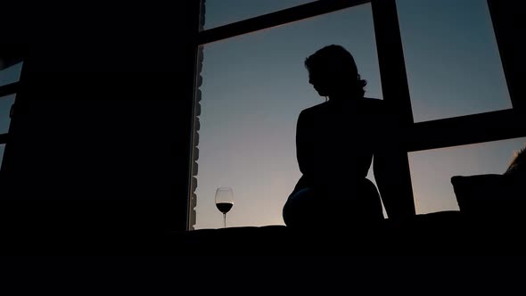 Silhouette of Slim Lady Sitting Near Wineglass on Windowsill