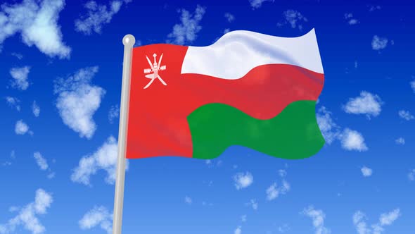 Oman National Flag Flying Wave In The Sky With Clouds