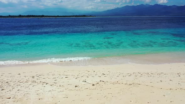 Daytime above tourism shot of a sandy white paradise beach and aqua blue ocean background in best qu