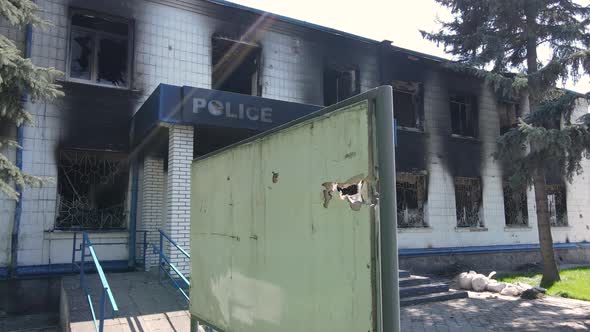 War in Ukraine  the Destroyed and Burned Building of the Police Station in Borodyanka Kyiv Region