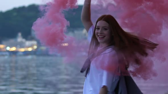 Excited Female Teen Dancing With Color Smoke Bomb, Enjoying Youth Freedom, Fun