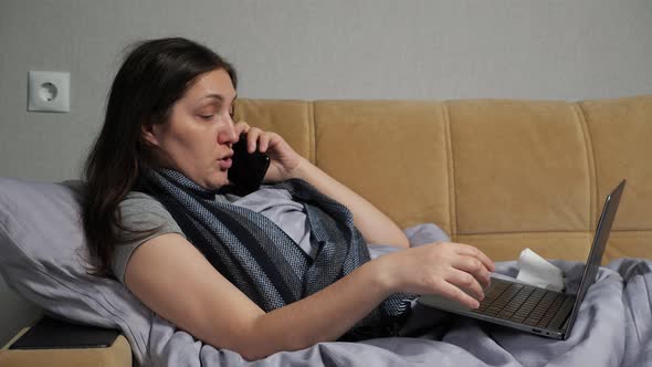 Woman on Sick Leave Works Online Discussing Work Via Phone