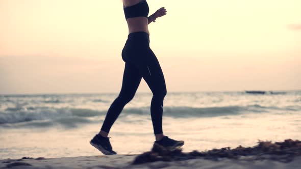 Runner Workout On Beach.Running Female Fitness Healthy Lifestyle.Runner Woman Fit Athlete Jogging